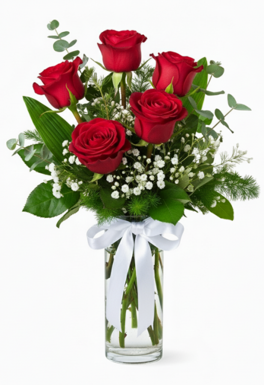 "Seviyorum" 5 Adet Kırmızı Gül Vazoda