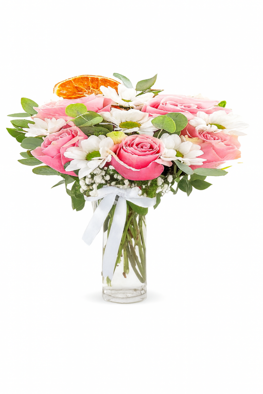 5 Adet Açık Pembe Gül ve Papatya Aranjmanı