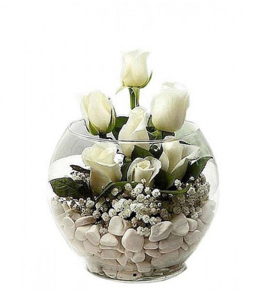 Akvaryum Vazoda 7 Adet Beyaz Gül