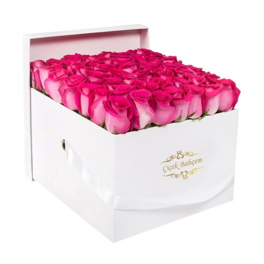 Beyaz Kare Kutuda 35 Fuşya Gül (