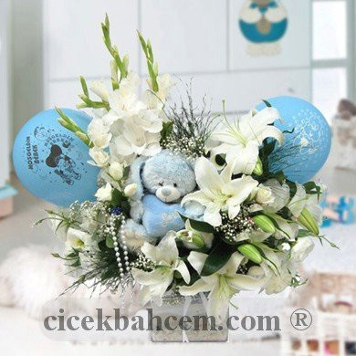Beyaz Gül,Lilyum, Glayor Aranjmanı, Hoşgeldin Bebek
