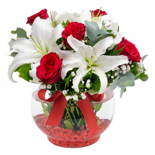 "Umut Işığım" 5 Kırmızı Gül ve Lilyum