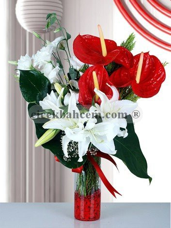 Vazoda 7 Adet Kırmızı Gül Ve kokulu Lilyum