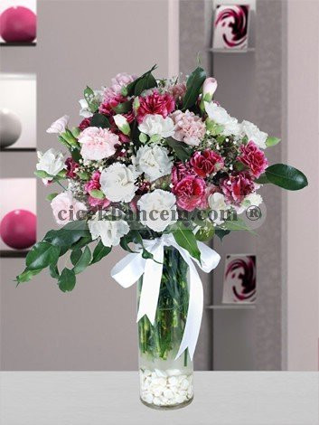 Cam Vazoda Karışık Karanfil Aranjmanı