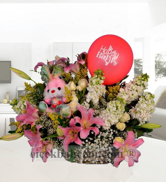 Doğum Günü Özel Beyaz Krizantem ve Pembe Lilyum Aranjmanı 