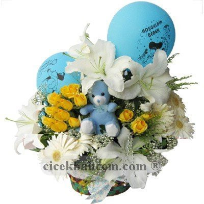 Hoşgeldin Yakışıklı Bebek 'Kokulu Lilyum Sarı Gül Aranjmanı 