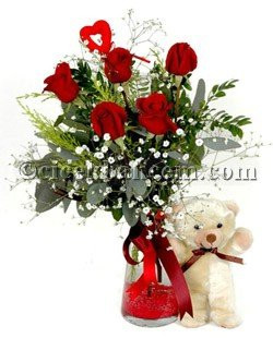 Neşeli Aşık 5 Kırmızı Gül & Sevimli Oyuncak 