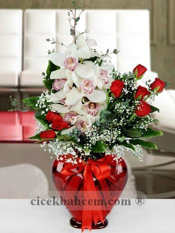 kalbinin kosesi orkide ve kirmizi gul