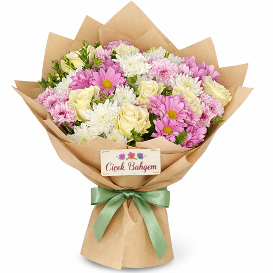 Pastel Bahar Buketi – Pembe & Beyaz Güllü Krizantem Aranjmanı