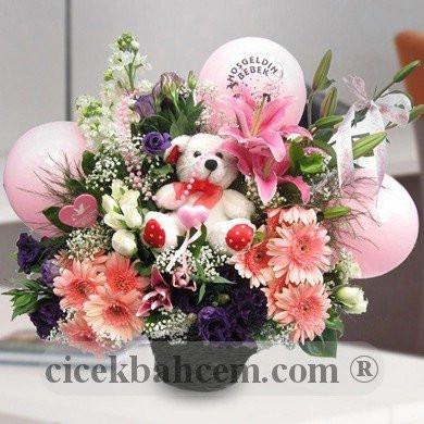 Pembe Balonlu Hoşgeldin Bebek Aranjmanı