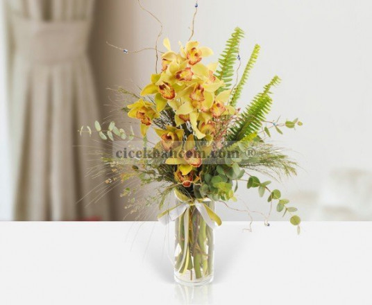 Silindir Vazo İçerisine Sarı Renkte Orkidelerden Hazırlanmış Aranjman