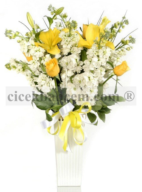 Vazo İçine Beyaz Şebboy ve Sarı Gül Tasarımı 