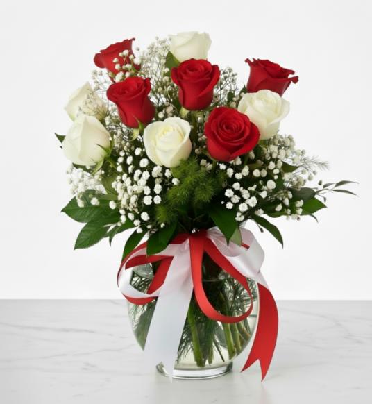 Mahzun Aşk Akvaryum Vazoda Kırmızı Beyaz Gül