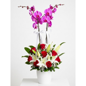 "Sevginin Kısa Adı" Pembe 2'li Orkide Lilyum 7 Gül