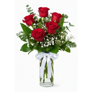 "Seviyorum" 5 Adet Kırmızı Gül Vazoda