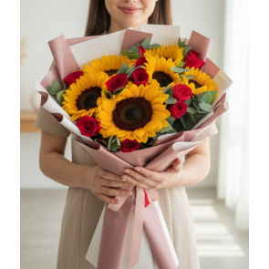 Ay Çiçekleri ve Kırmızı Gül Buketi