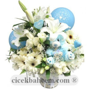 Beyaz Gül, Kokulu Lilyum Gerbera Aranjmanı, Hoşgeldin Bebek