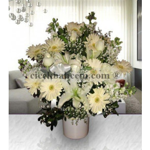 Beyaz Seramik Vazoda Şebboy Gerbera ve Beyaz Gül Aranjmanı