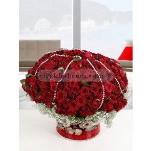 Büyük Boy Cam Vazo İçerisine Hazılanmış 500 Kırmızı Gül Aranjmanı 