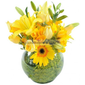 Cam Fanus İçine 5 Sarı Gül,Gerbera ve Lilyum Aranjmanı 