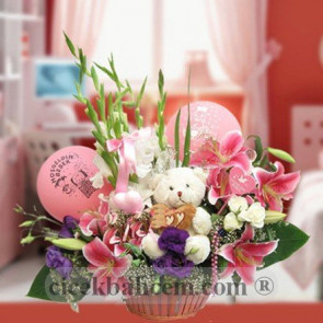 Hoşgeldin Bebek, Lilyum, Beyaz Gül,Balon ve Oyuncak Ayı Aranjmanı