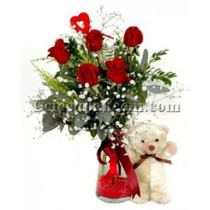 Neşeli Aşık 5 Kırmızı Gül & Sevimli Oyuncak 