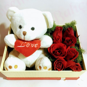 Kutuda 9 Kırmızı Gül Ve Ayıcık