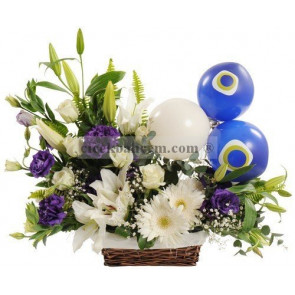 Örme Sepete Lilyum,Gerbera, Beyaz Gül Hoşgeldin Bebek Erkek
