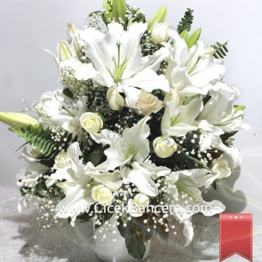 Seramik İçinde Beyaz Lilyum Beyaz Gül