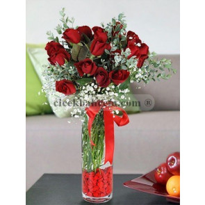 Uzun Cam vazoda 17 Adet Kırmızı Gül Seni Seviyorum