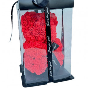Özel Siyah Kutuda 30cm Kırmızı Mini Güllerle Yapay Ayı