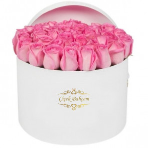 Yuvarlak Beyaz Kutuda 35 Pembe Gül