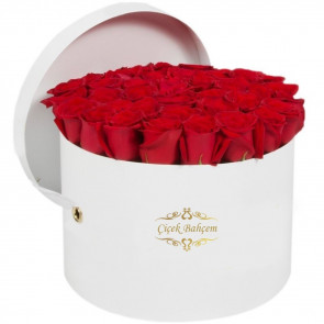 Beyaz Yuvarlak Kutuda 35 Kırmızı Gül 