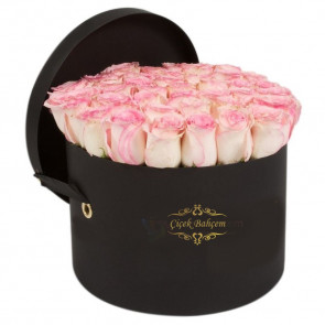 Siyah Yuvarlak Kutu İçinde 33 Adet Yavruağzı Gül