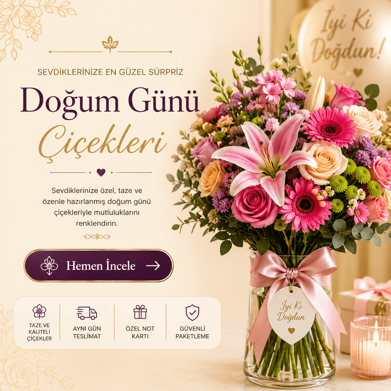 Doğum günü için renkli çiçek aranjmanı